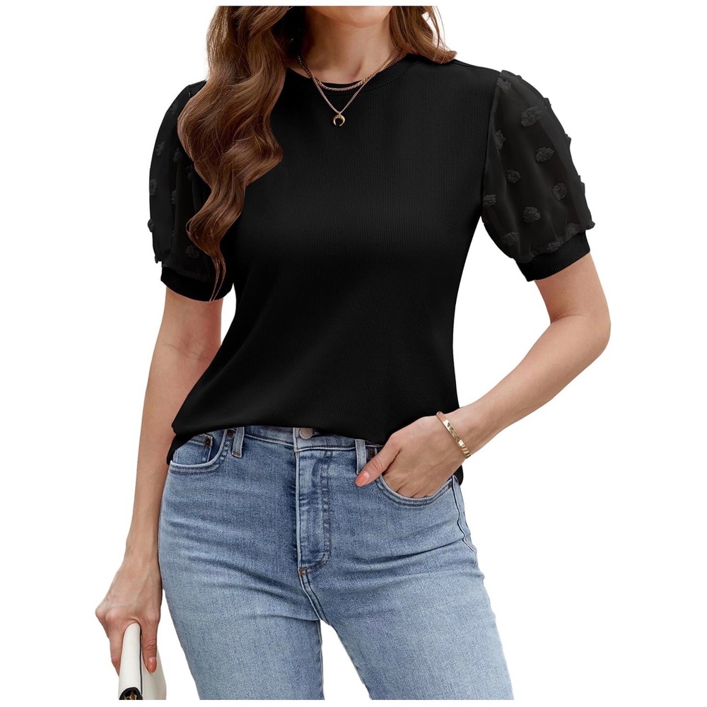Blooming Jelly Black Ribbed Knit Top Swiss Dot Puff Sleeve Crew Neck NWT M